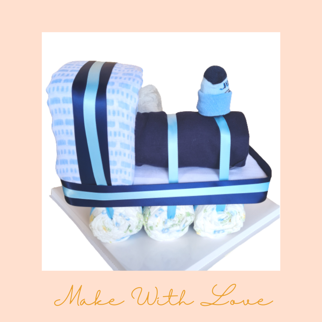 Blue Train Diaper Cake with Bunny Gift Hamper