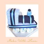 Load image into Gallery viewer, Blue Train Diaper Cake with Bunny Gift Hamper
