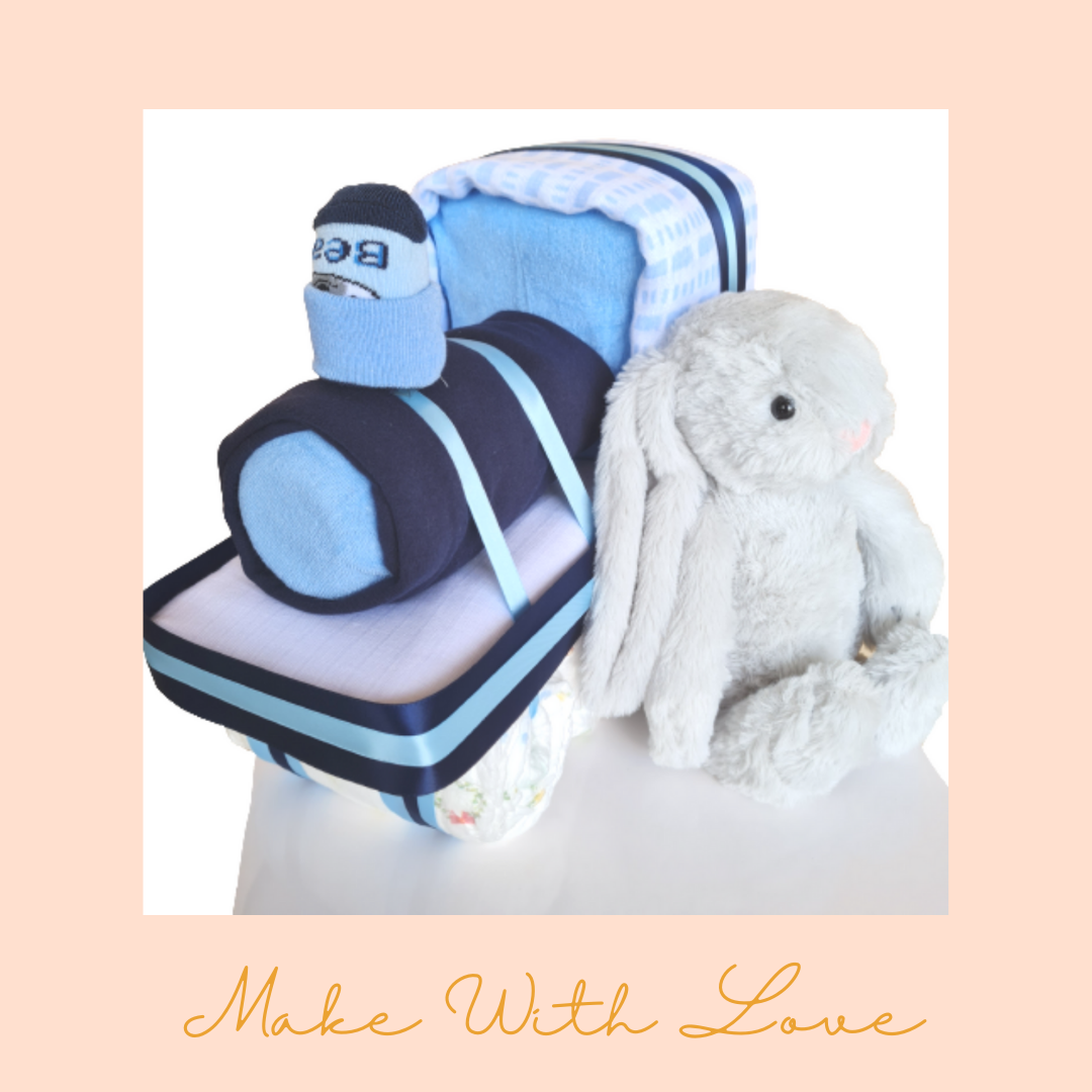 Blue Train Diaper Cake with Bunny Gift Hamper