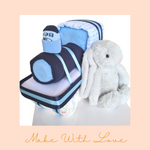 Load image into Gallery viewer, Blue Train Diaper Cake with Bunny Gift Hamper
