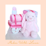 Load image into Gallery viewer, Pink Train Diaper Cake with Bunny Gift Hamper
