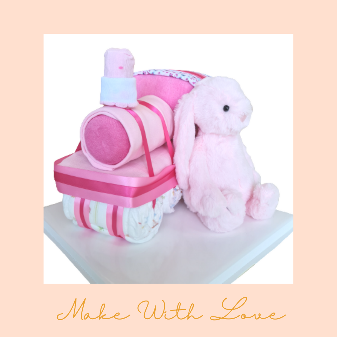 Pink Train Diaper Cake with Bunny Gift Hamper